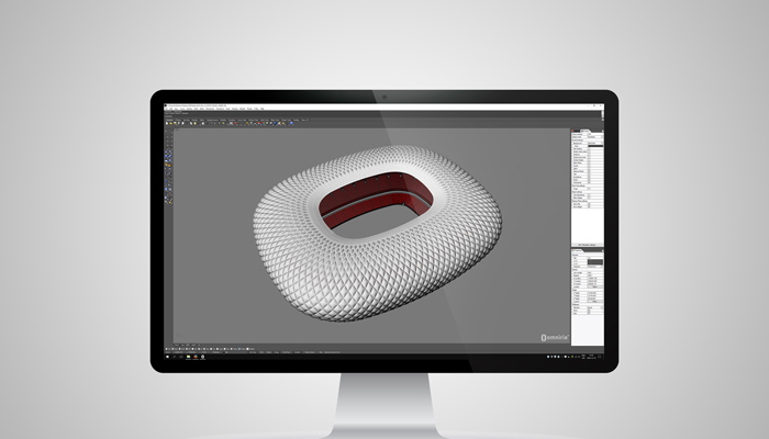 Parametric model of a stadium facade shown inside a CAD software on computer screen.