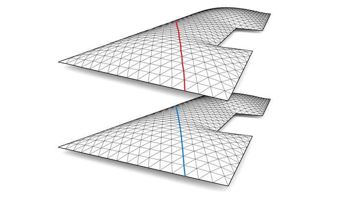 The geometry and panelization of a freeform surface iz optimized with the goal of improving smoothness and reducing construction cost. 