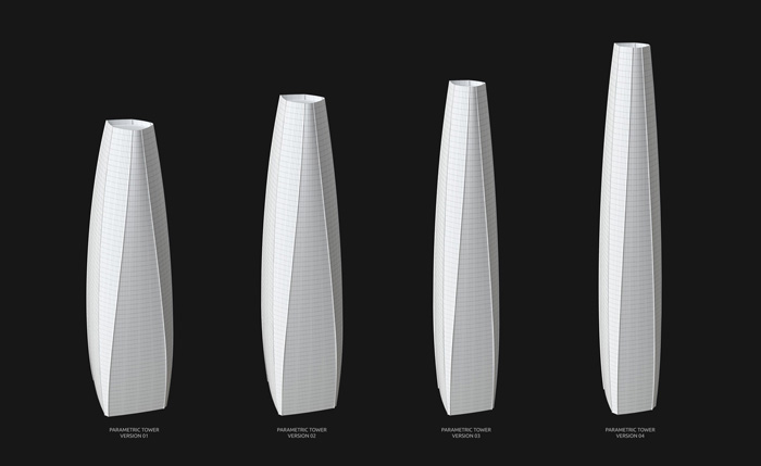 Parametric model of a freeform tower facade. The development steps in the parametric design proces of a skyscraper using digital CAD tools.