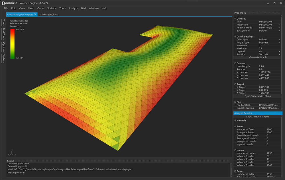 Omnirie Valence Engine displays an analysis report of panel orientation in a freeform surface, rationalized with a triangular panelization