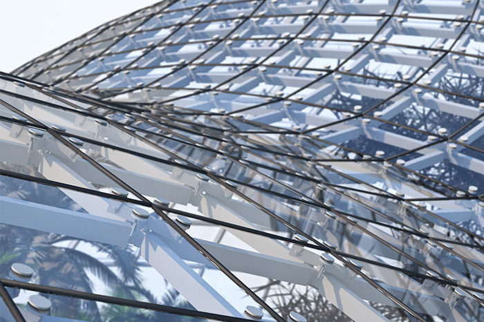 Closeup visualization of a steel and glass structure